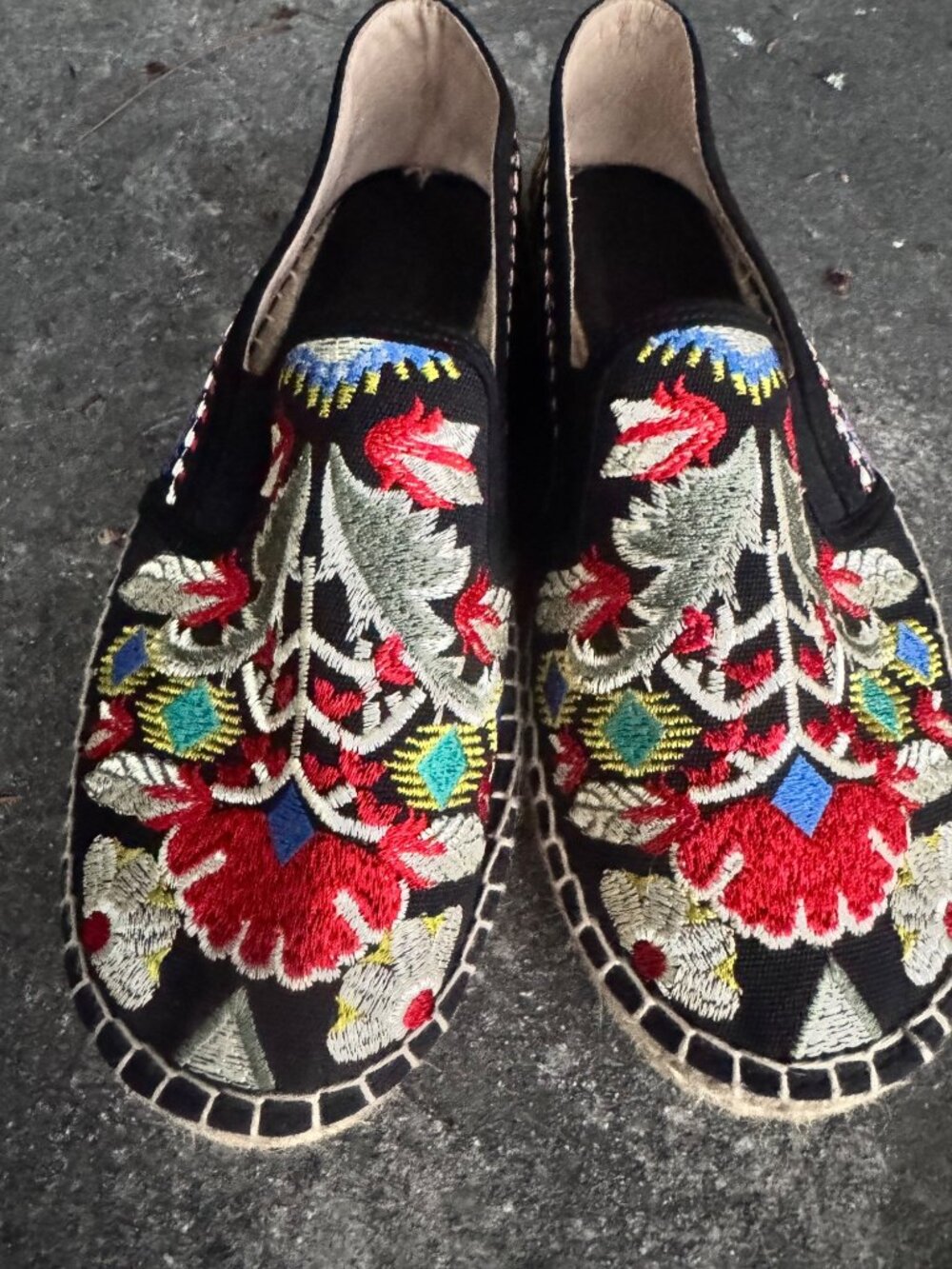 Johnny Was Embroidered Floral Espadrille Slip-On Flats Black EU 41
